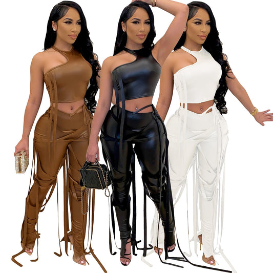 Asymmetrical Women's Solid PU Leather Bandage One Shoulder Crop Top + Lace-Up Hanging Tassel Fringe Slit Hem Pants 2-Piece Set