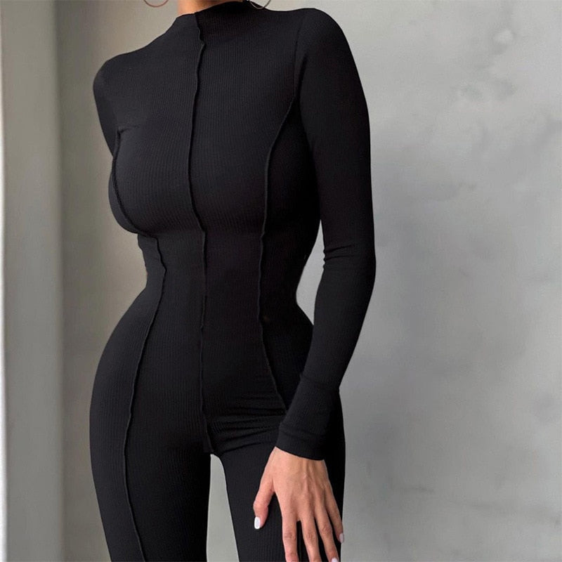 Solid Line Design Long Sleeve Bodycon Ladies Fitness Workout Jumpsuit