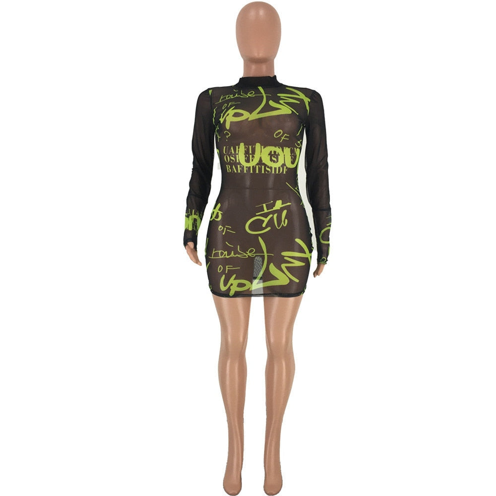 Graffiti Pattern Mesh Sheer Mini Long Sleeve Bodycon Dress