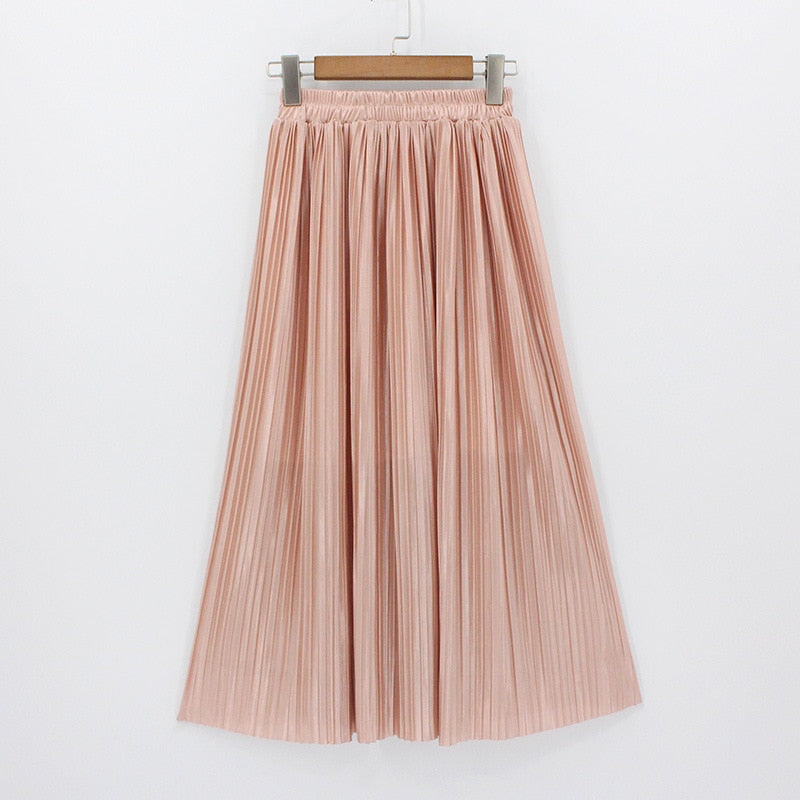 Satin Loose Pleated Solid Color High Waisted Maxi Skirt