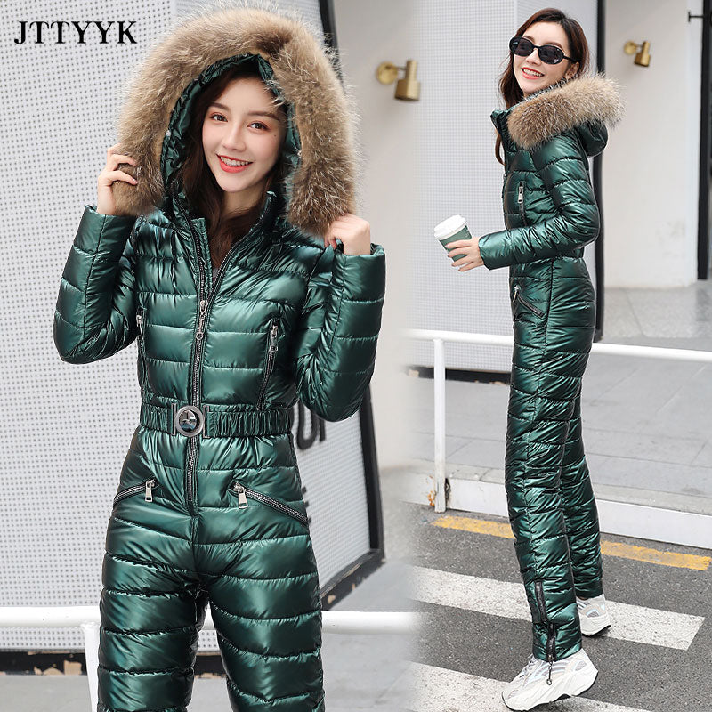 Fur Hood Quilted Solid Color Ladies Ski Snowsuit