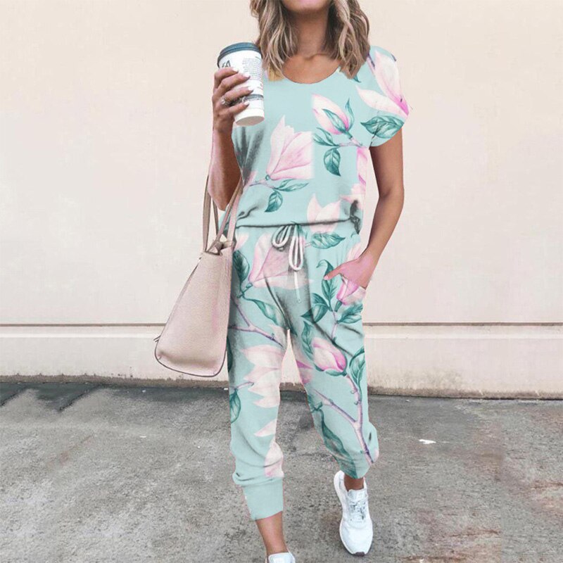 Women's Tie-Dye Print 2-Piece Short-Sleeved Round Neck Top + Drawstring Leggings Set