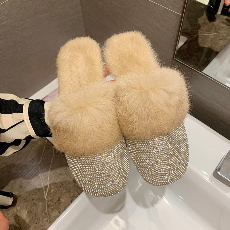 Luxury Rhinestone Fur Crystal Slides Mule Slippers