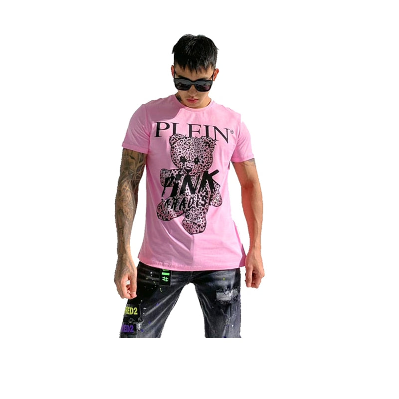 Men's Pink Rhinestone Teddy Bear Plein Embroidered T-Shirt