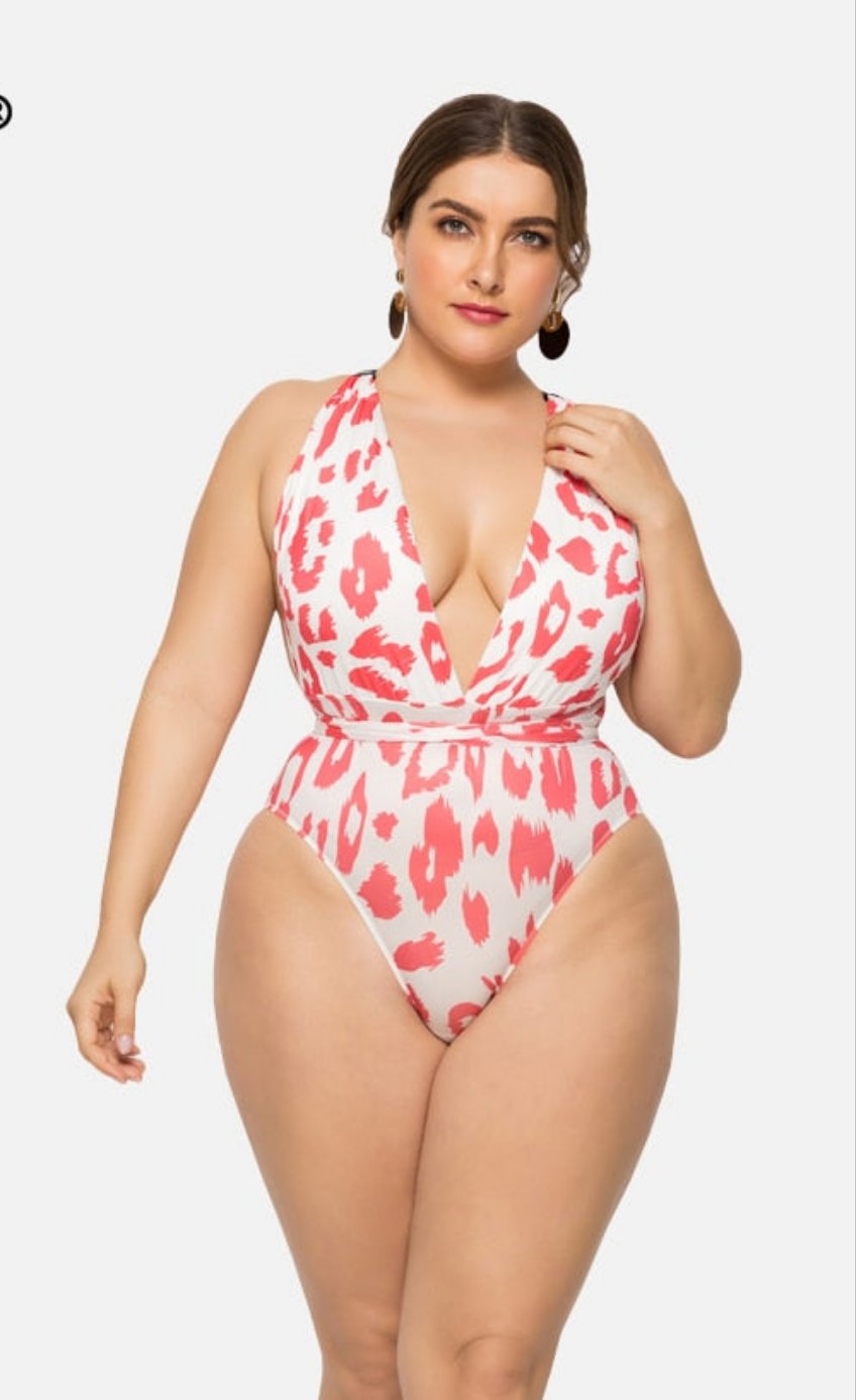 Red/White Leopard Push Up Halter One-Piece Swimsuit Plus to 5X