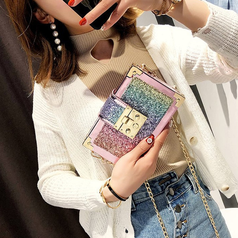 Rainbow Chain Gradient Color Sequin Box Shape Messenger Bag