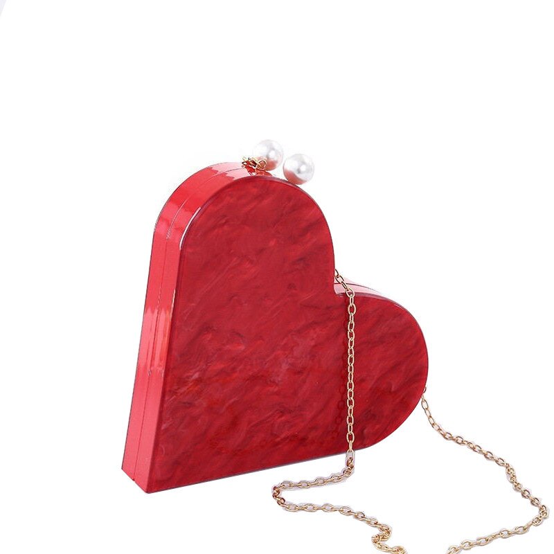 Designer Acrylic Clutch Red Heart Shape Pearl Chain Purse