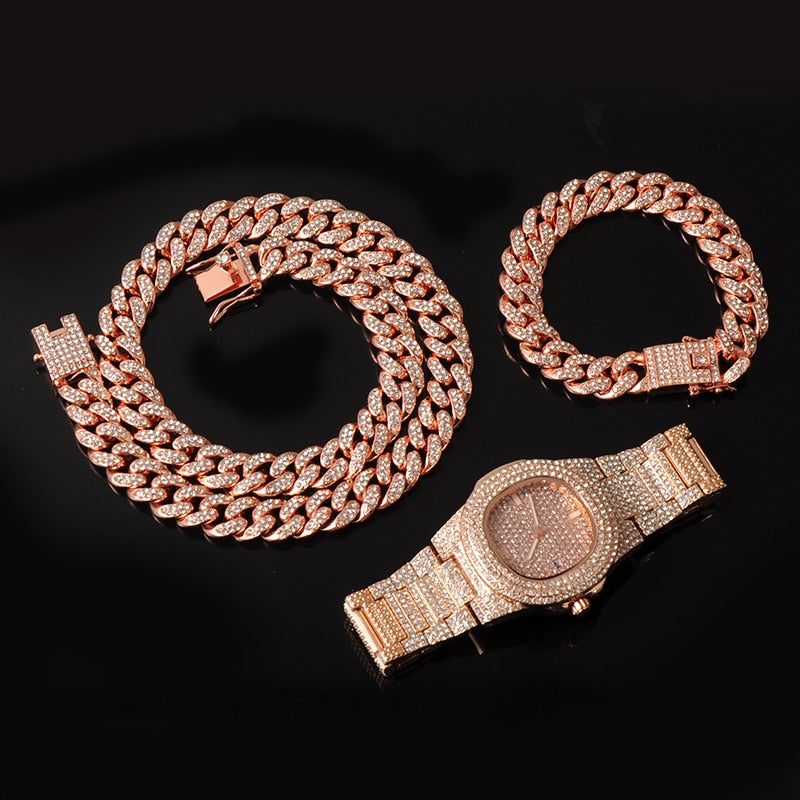 3-Piece Jewelry Hip Hop Gold Iced Out Paved Rhinestones CZ Bling  Sets: Cuban Chain, Watch & Bracelet