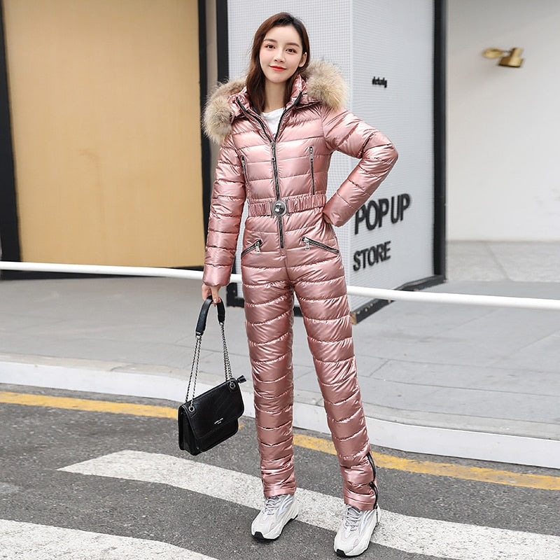 Fur Hood Quilted Solid Color Ladies Ski Snowsuit