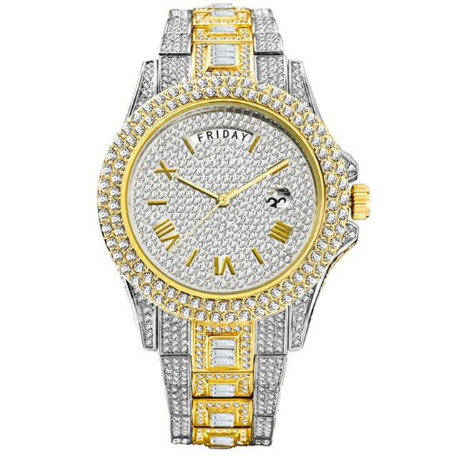 Full Diamond Silver Quartz Wristwatch Hip Hop Iced Out Waterproof Watch