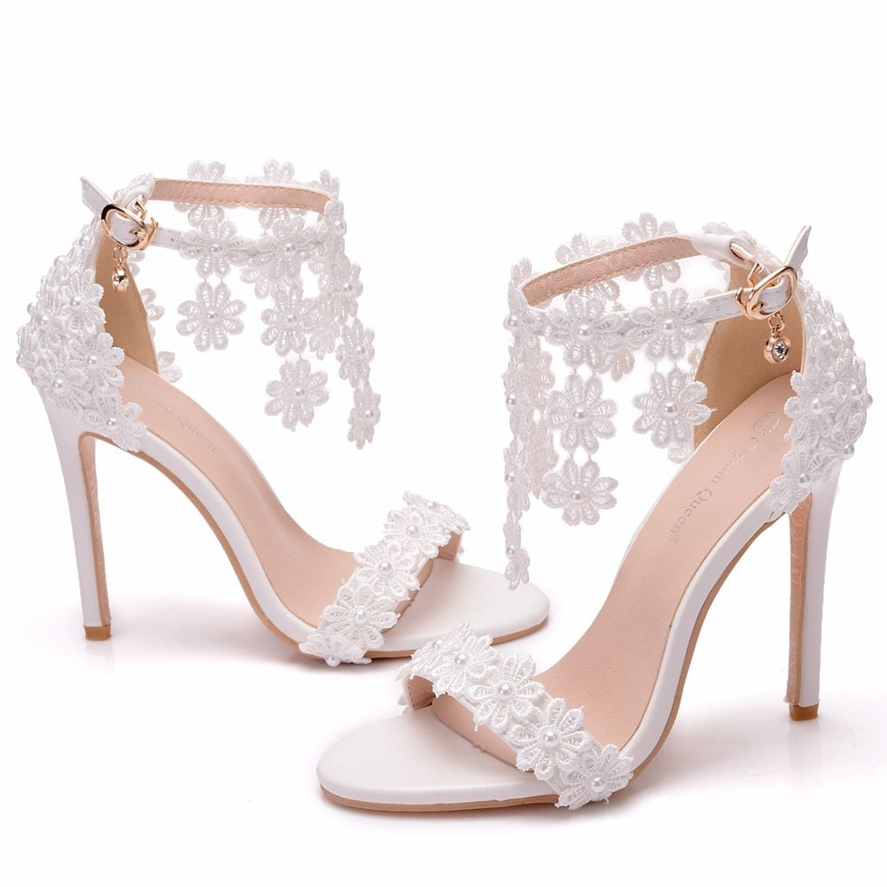 Lace Flower Pearl Tassel Stiletto Heel Bridal Sandal Pumps