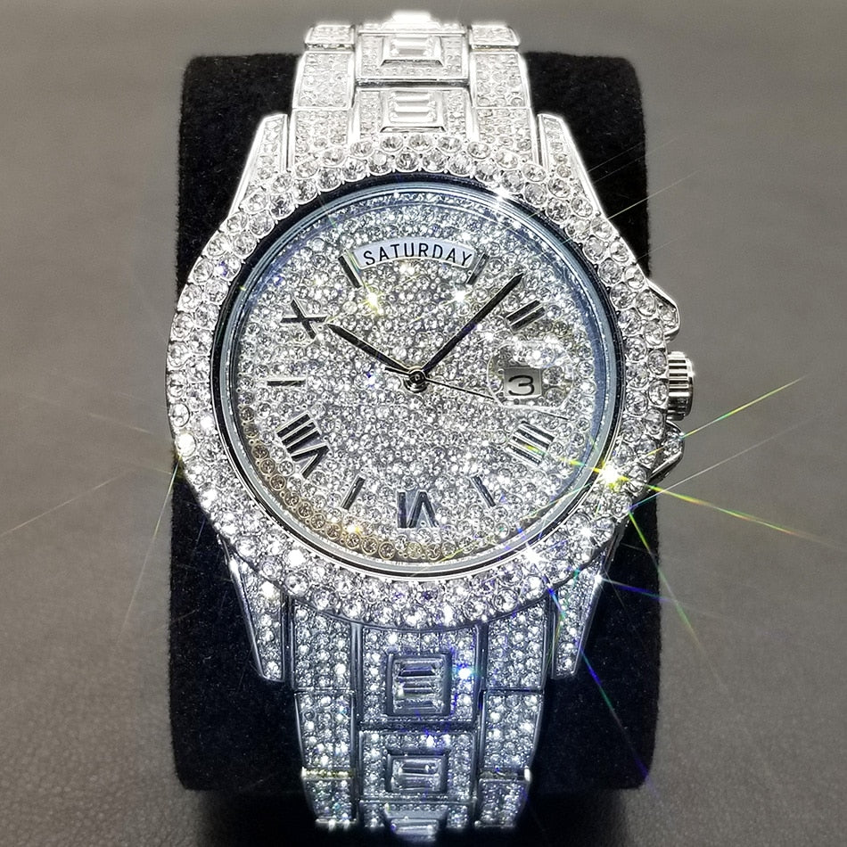 Full Diamond Silver Quartz Wristwatch Hip Hop Iced Out Waterproof Watch