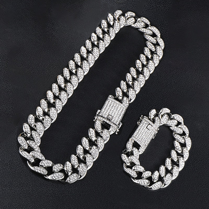 Cuban Chain Necklace + Bracelet + Watch Iced Out Paved Rhinestones CZ Chain Necklace 3-Piece Jewelry Set