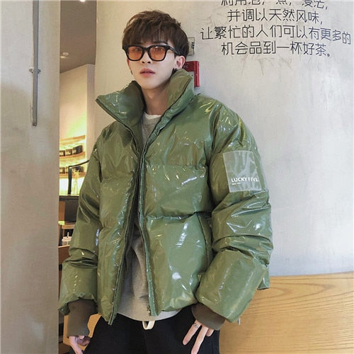 Men's Shiny PU Leather Puffer Bomber Jackets