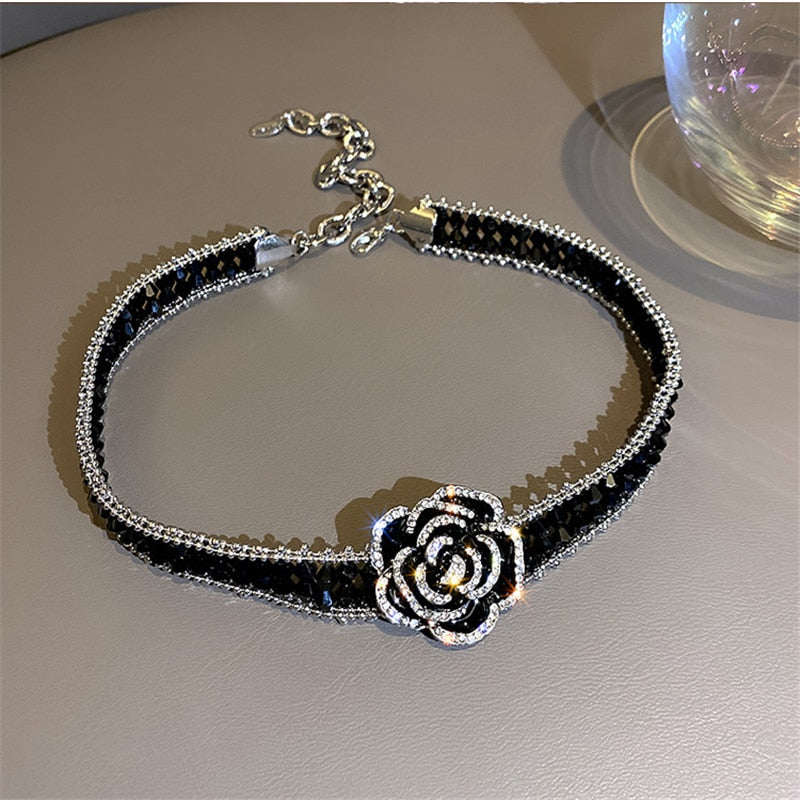 Handmade Black Silver Rose Crystal Choker