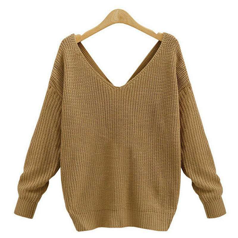 Twist Wrap Back Cross Knot Long Sleeve V-Neck Knitted Sweater