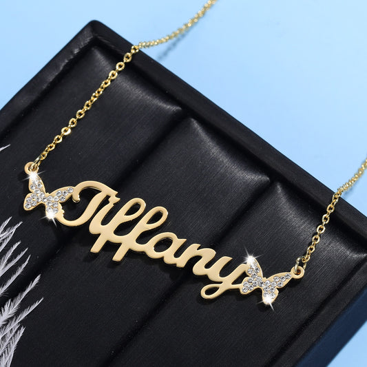 Personalized Crystal Butterfly Customized First Name Pendant Gold Chain  Necklace