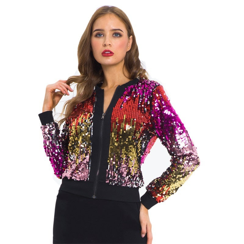 Sequin Gradient Beaded Zipper Cardigan Bomber Jackets