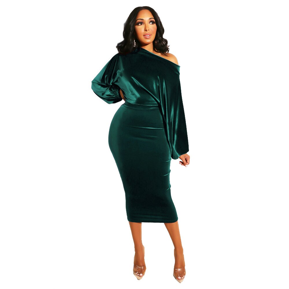 Velvet Off-the-Shoulder Long Sleeve High Waist Bodycon Dress