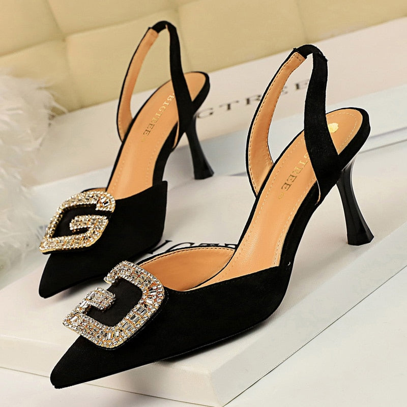 Metal Rhinestone Pendant Kitten Heel Suede Pumps