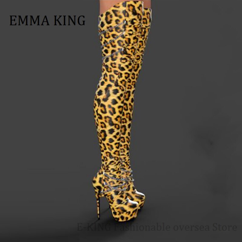 Leopard/Solid Color Platform Chain Stiletto Faux Stretch Leather Over-the-Knee Boots