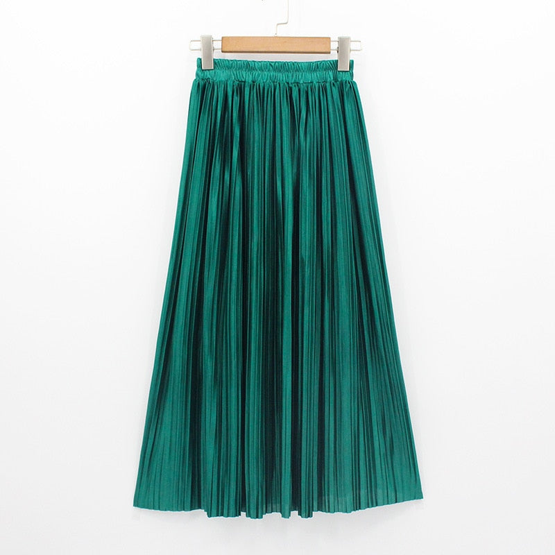 Satin Loose Pleated Solid Color High Waisted Maxi Skirt