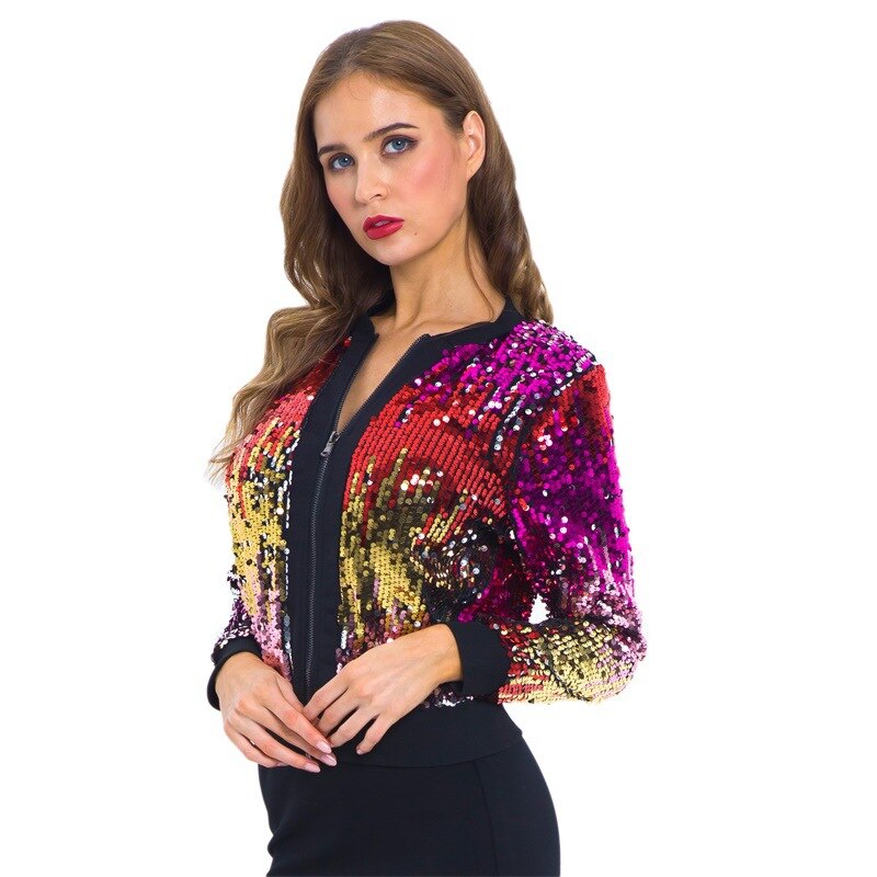 Sequin Gradient Beaded Zipper Cardigan Bomber Jackets