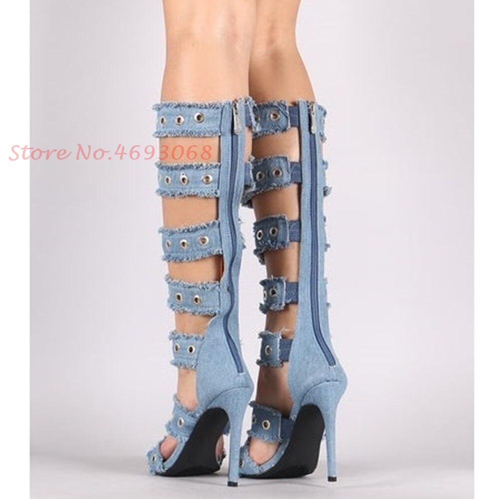 Denim Strap Knee High Zipper Hollow Sandal  Pumps