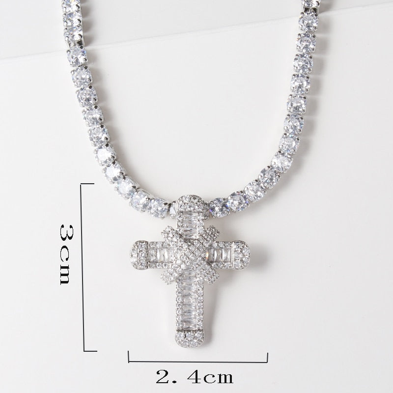 Unisex Cubic Zirconia Cross Tennis Pendant Necklace Chain