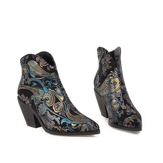 Paisley Embroidered PU Leather Wedge Snake Print Western Cowgirl Ankle Boots