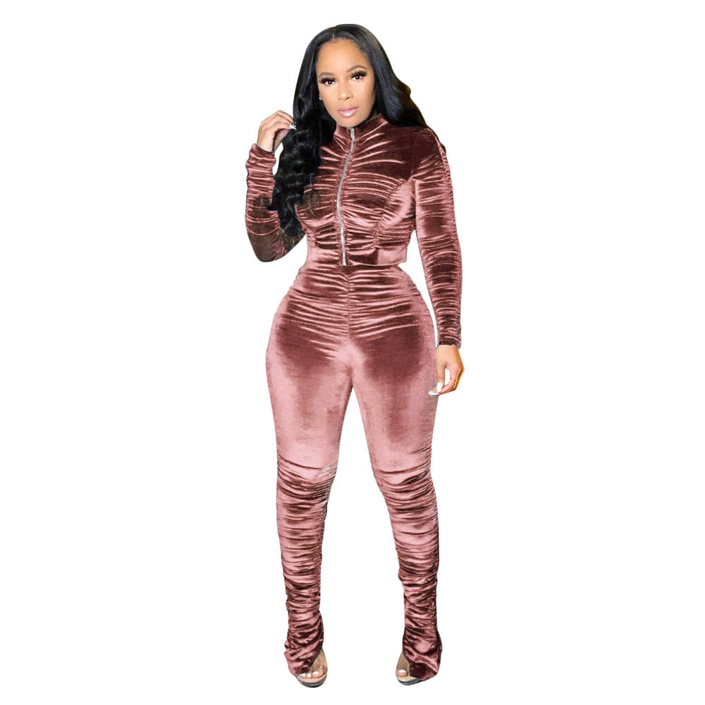 Ruched Velvet Zipper Jacket & Stacked Pants Sweatsuit, 2-Piece Set