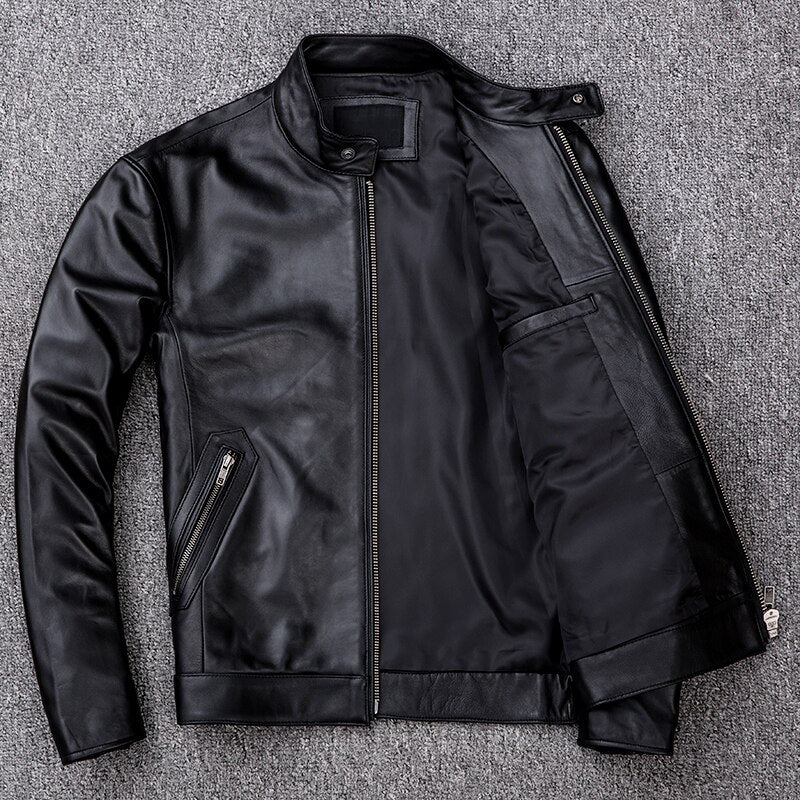 Men's Black Genuine Leather Motorcycle Bomber Aviator Jacket