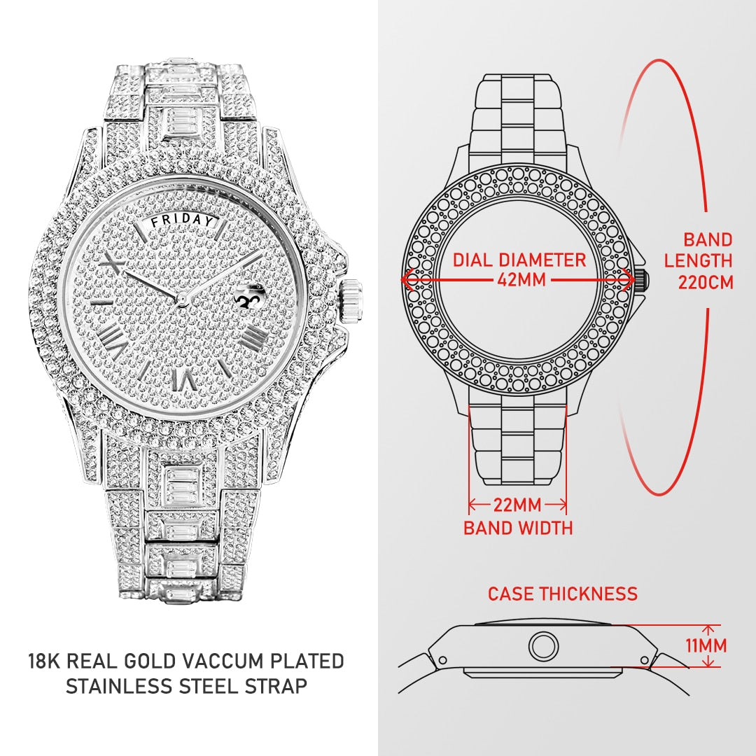 Full Diamond Silver Quartz Wristwatch Hip Hop Iced Out Waterproof Watch