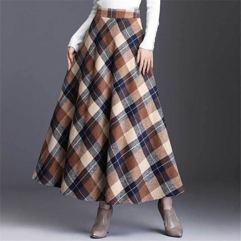 Wool Plus Size Plaid Pleated A-Line Maxi Tartan Skirt