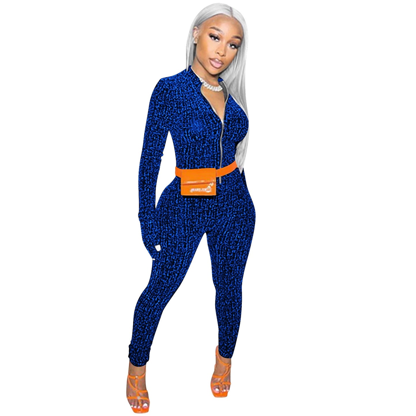 Shiny Zip Up Jumpsuit Long Sleeve