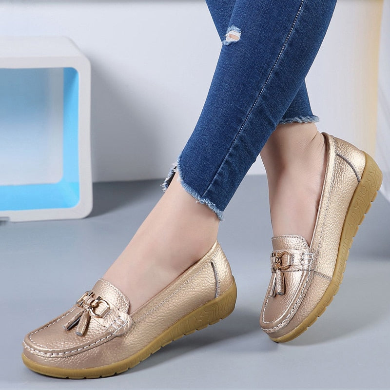 Women's Genuine Leather Flat Loafer Moccasins Slip On Shoes Plus Size