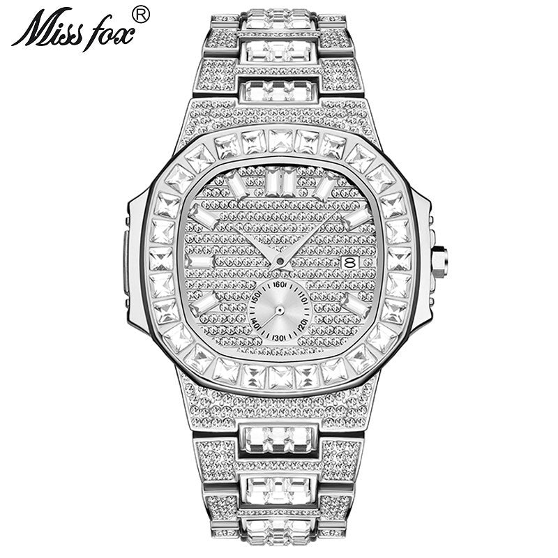 Men's 18K Gold Nano Vaccum Plated Fully Paved Baguette Diamond Waterproof Calendar Watches