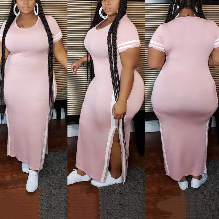 Short Sleeve Solid Side Striped Plus Size High Slit T-Shirt Dress to 5X