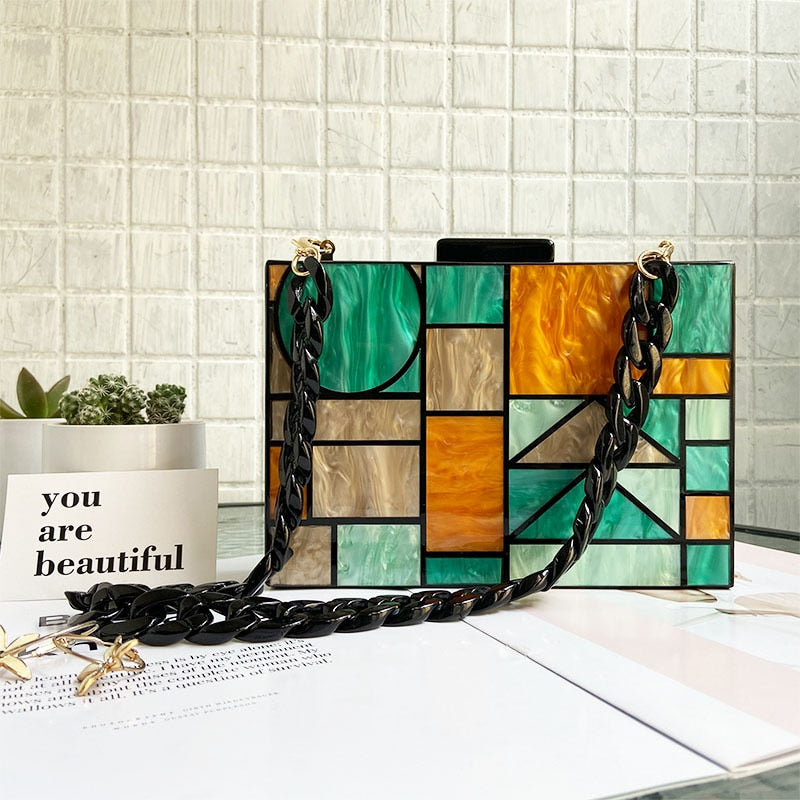 Ladies Patchwork Acrylic Geometric Metal Chain Strap Clutch Purse