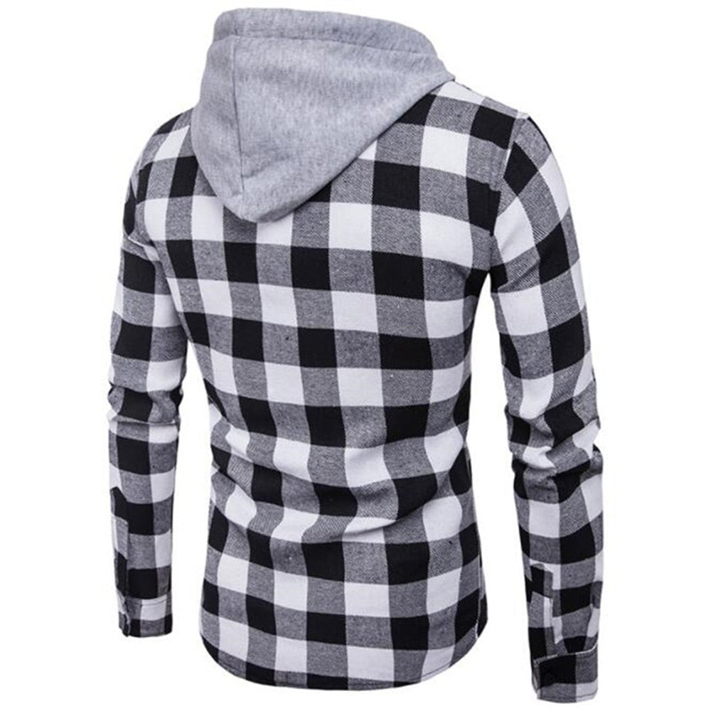 Men's Drawstring Hooded Long Sleeve Plaid Shirt