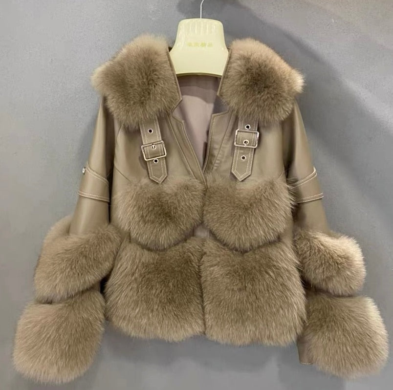 Fox Fur Short Sheepskin w/ Fox Fur Collar Buckle Heart Jacket