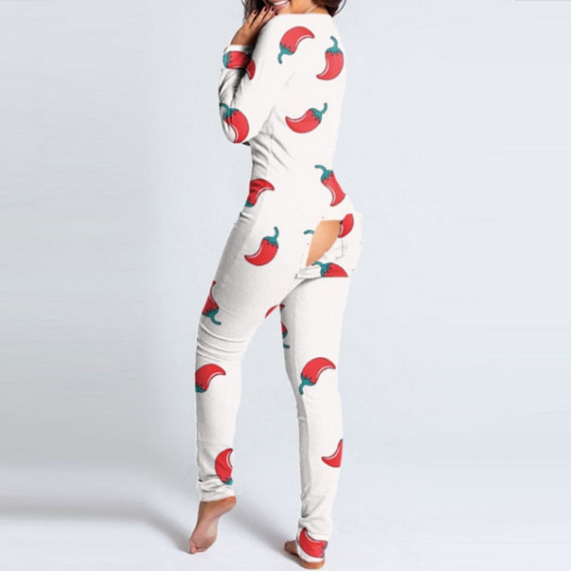 Button-Down Front V-Neck Long Sleeve Ladies Pajamas Onesie