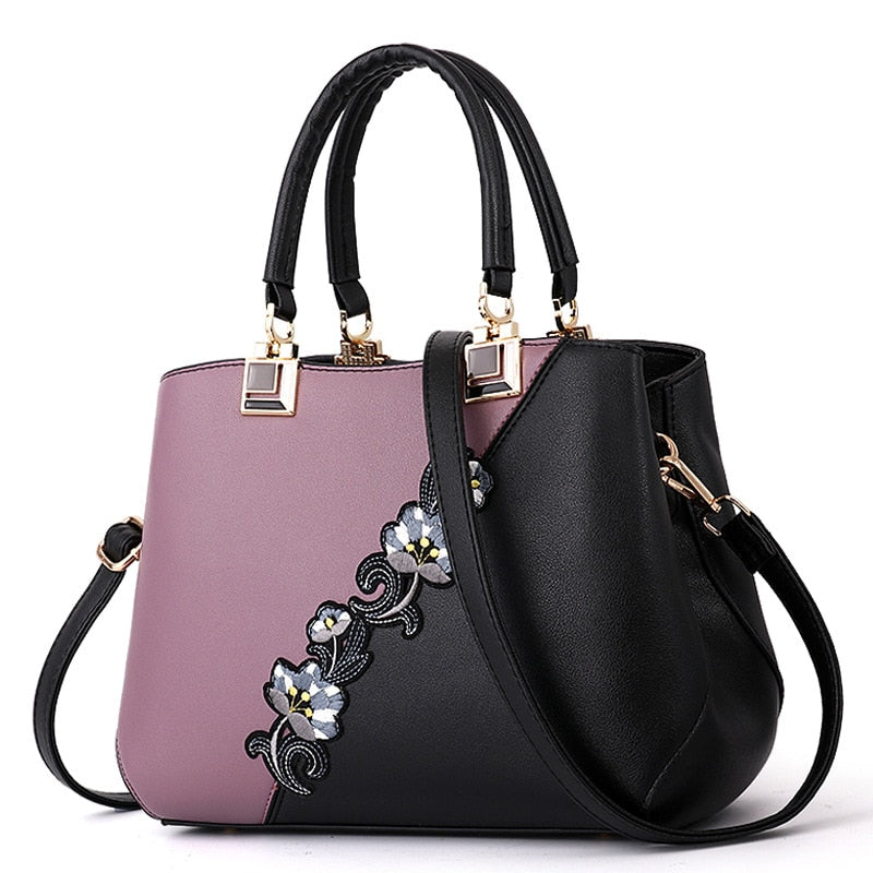 Colorblock Embroidered Messenger Leather Handbag