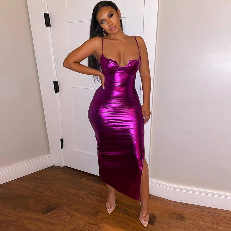 Metallic Faux Leather Purple Spaghetti Strap Bodycon Side Split Maxi Dress