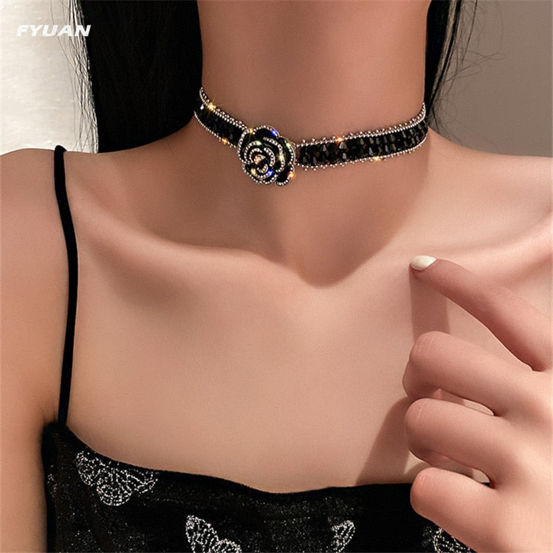 Handmade Black Silver Rose Crystal Choker