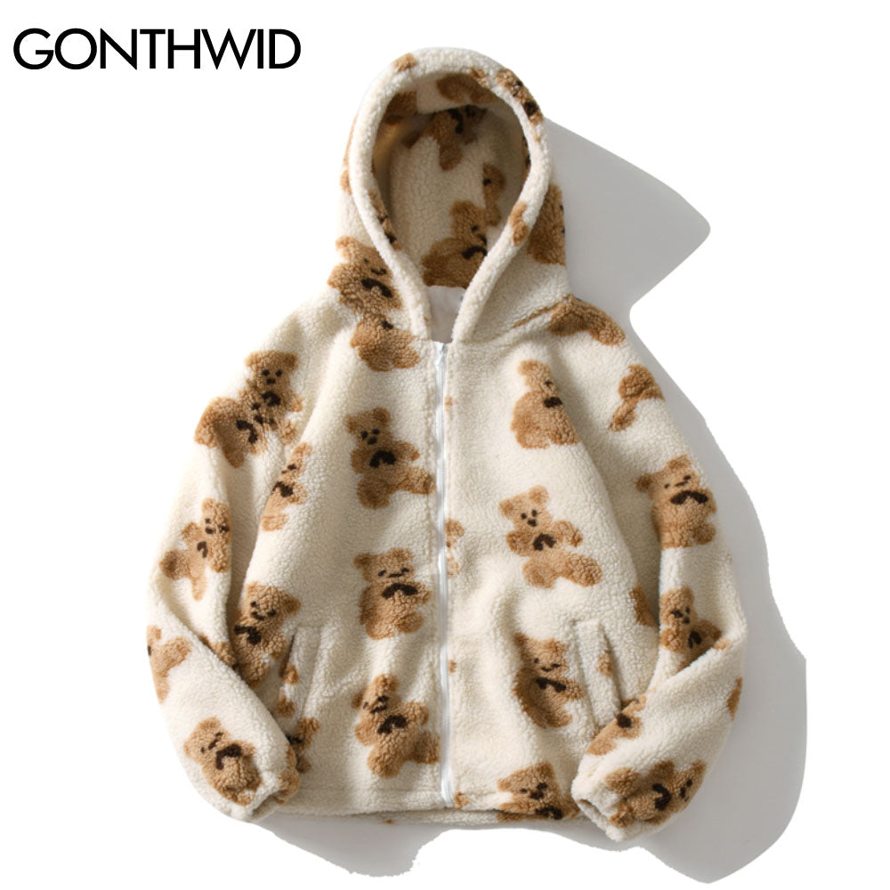 Fleece Men's Teddy Bear Print Fleece Zipper Hoodie Jacket