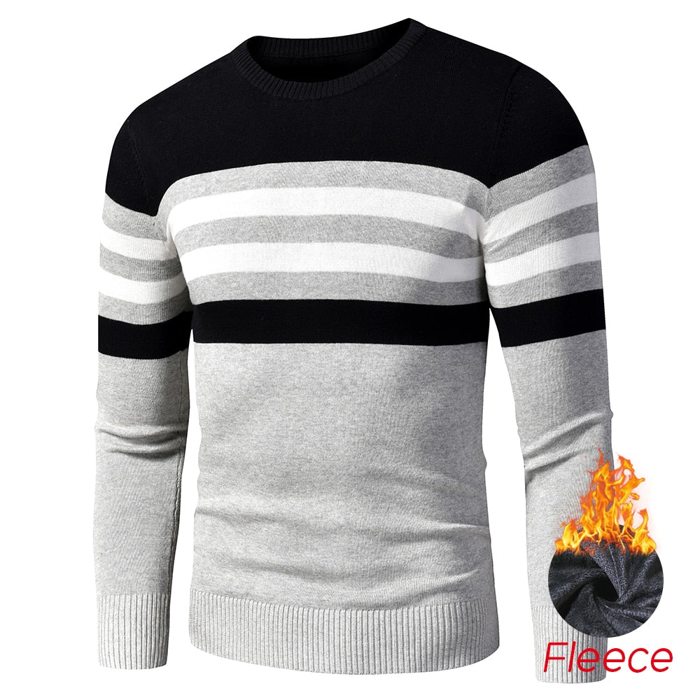 Men's Striped Fleece Cotton Pullover O-Neck Sweater