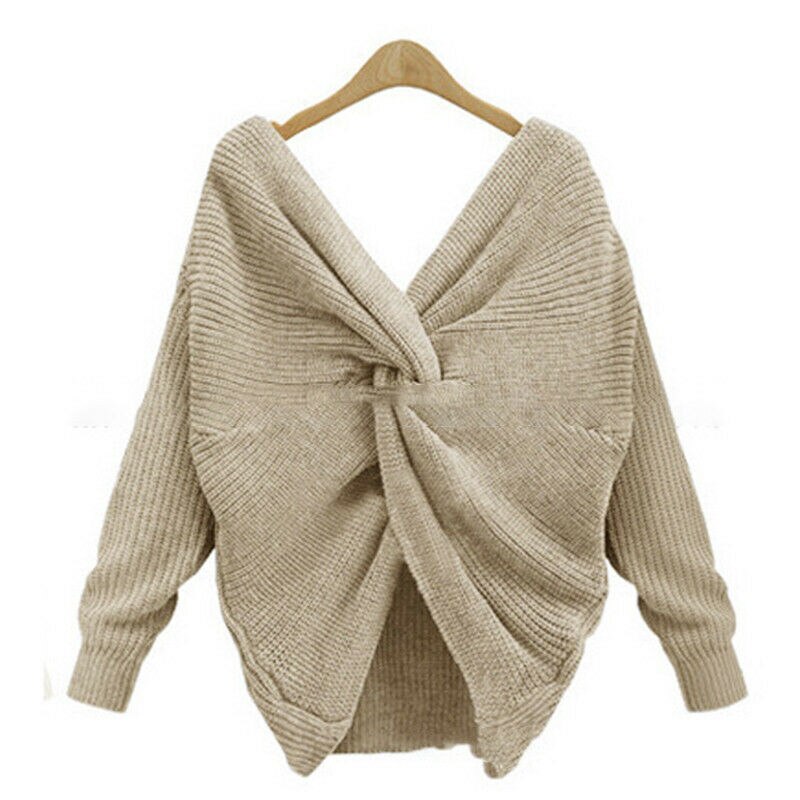 Twist Wrap Back Cross Knot Long Sleeve V-Neck Knitted Sweater