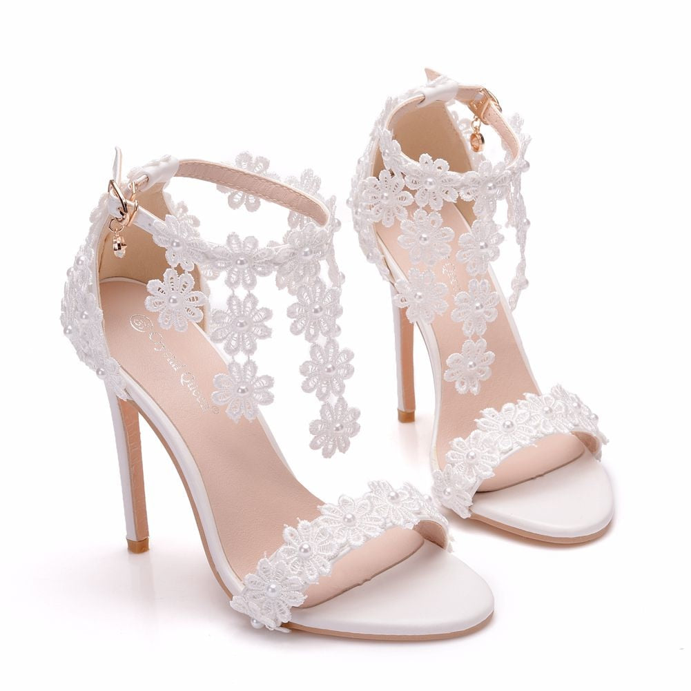 Lace Flower Pearl Tassel Stiletto Heel Bridal Sandal Pumps