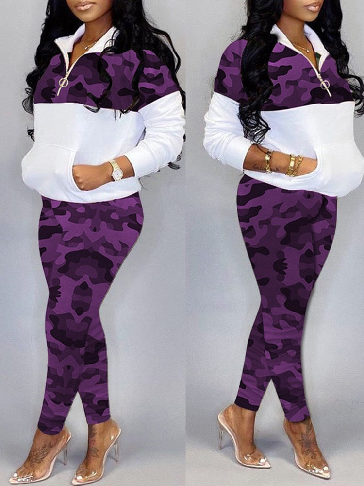 Camoflauge Geometric Print Pocket Zipper Front Pullover & Pants Plus Ladies Sweatsuit to 4X